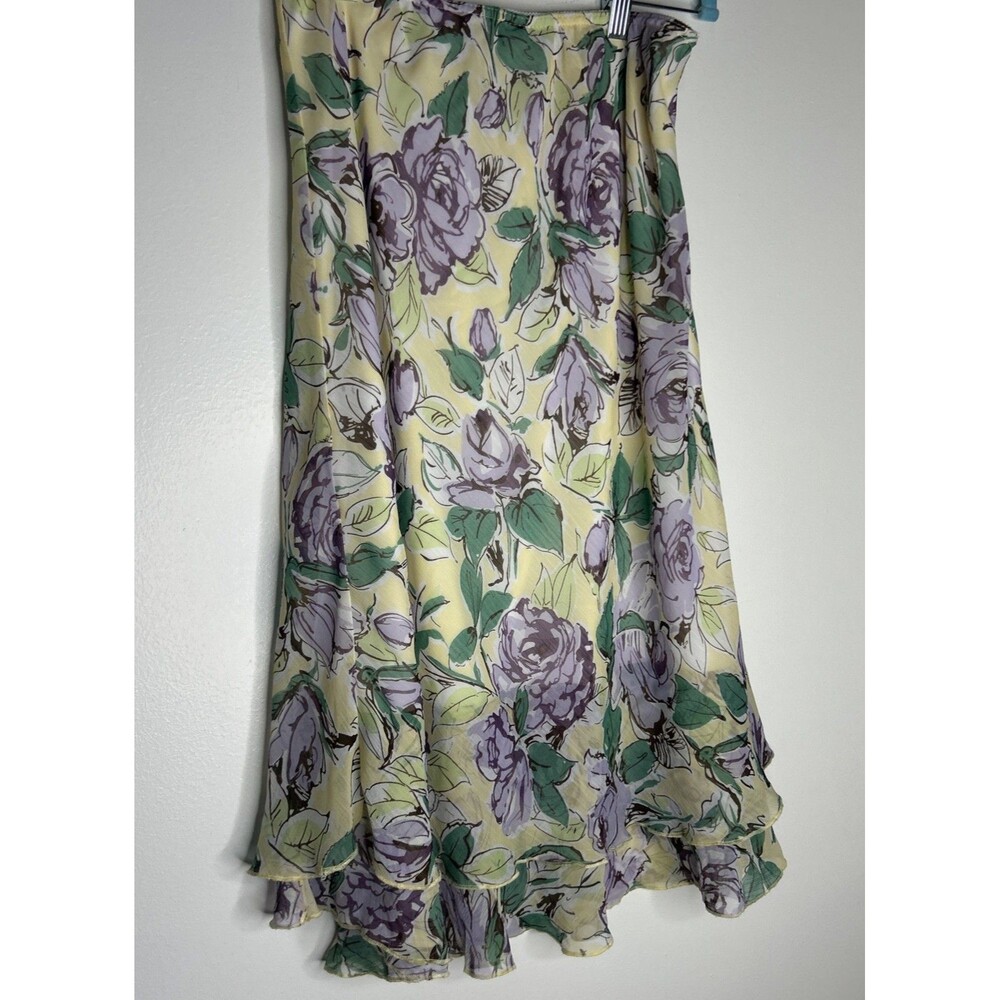 Vintage Layered Ruffle Midi Skirt Purple/Yellow Roses Chiffon Fairycore y2k